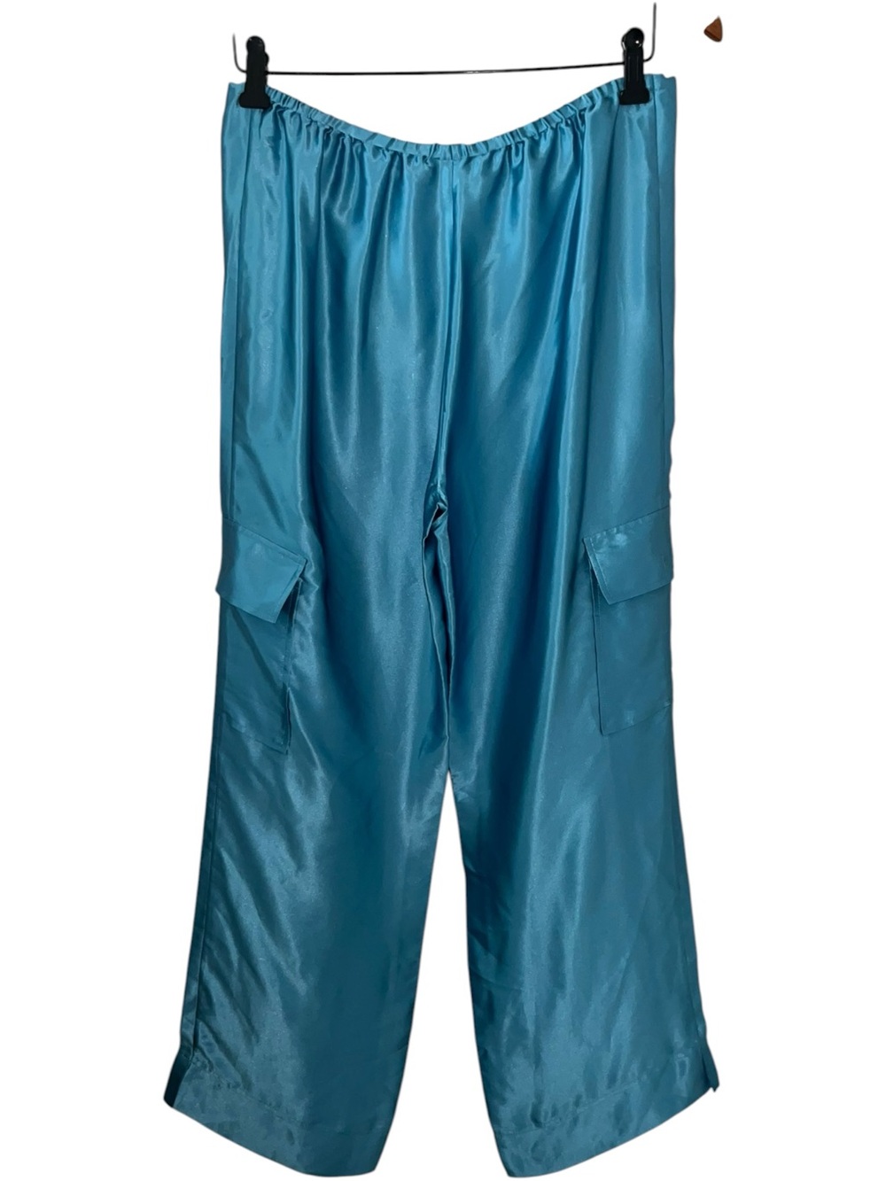 100% Silk AugustMoon Teal Wide-Leg Cargo Pants - Picture 5 of 7